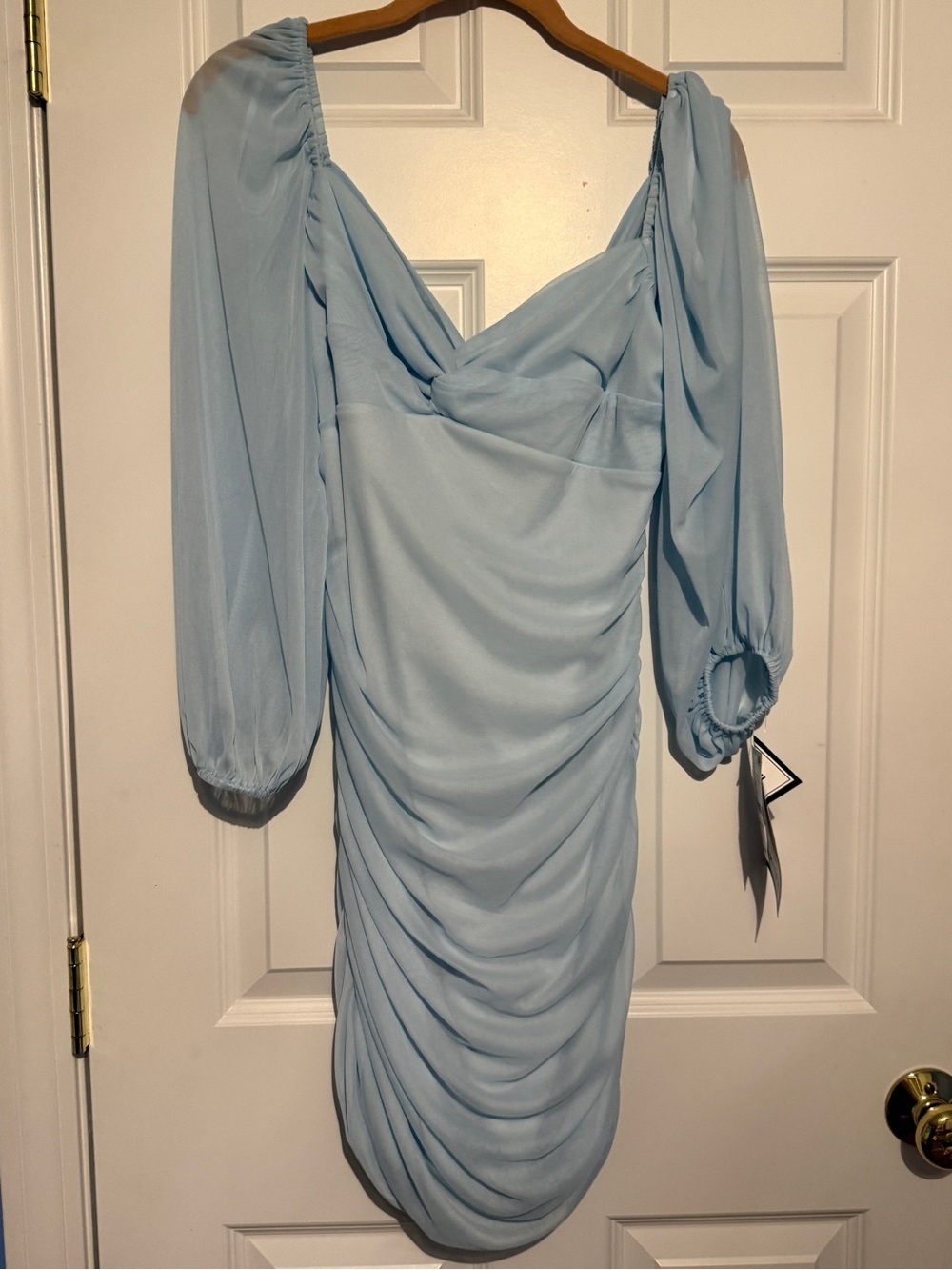 Light Blue Ruched Mini Dress with Bishop Sleeves